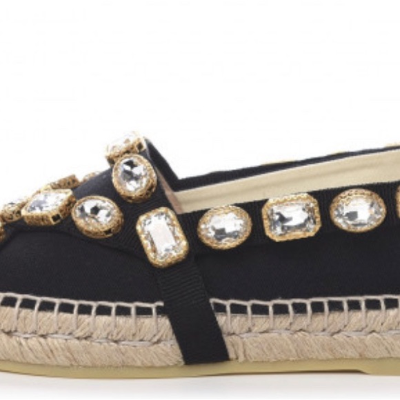 New- Gucci Black Canvas Crystal Embellished Round Toe Pepita Espadrille Flats - Picture 2 of 3